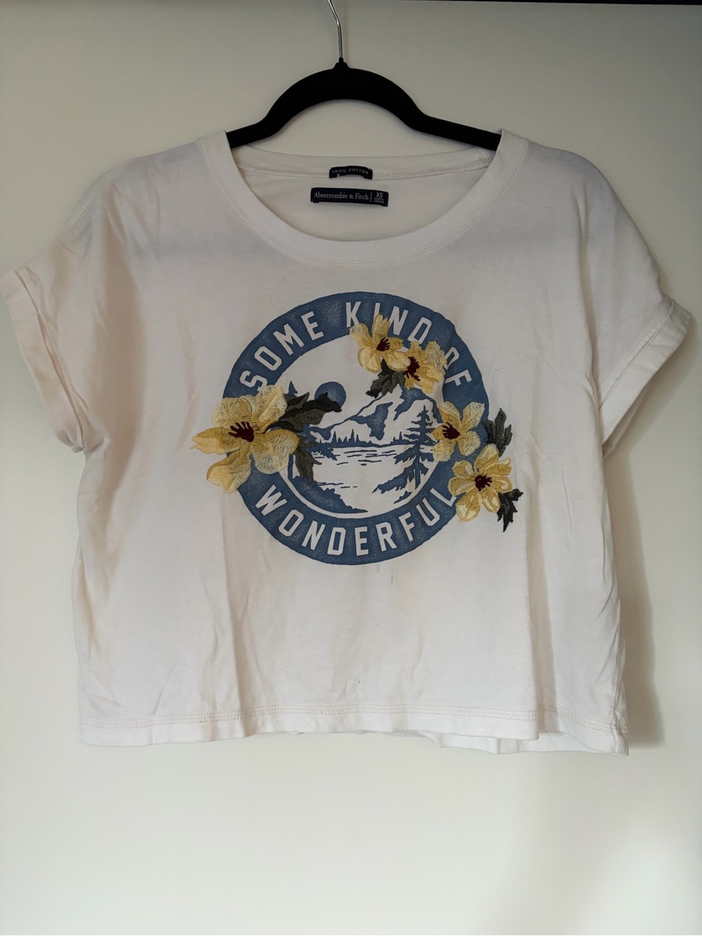 Abercrombie & Fitch White Graphic Tee with Blue and Yellow Floral Design